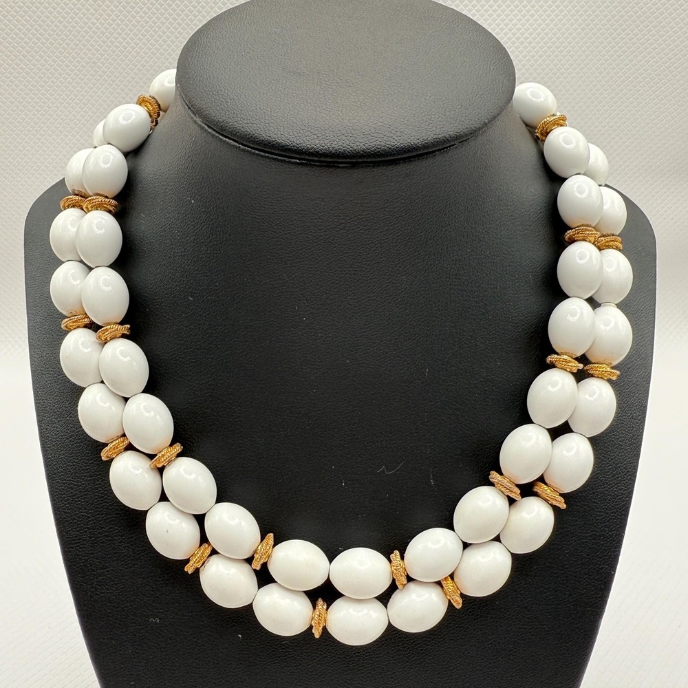 Vintage 80s Monet 2-Strand White Plastic Bead Necklace - Light Discoloration